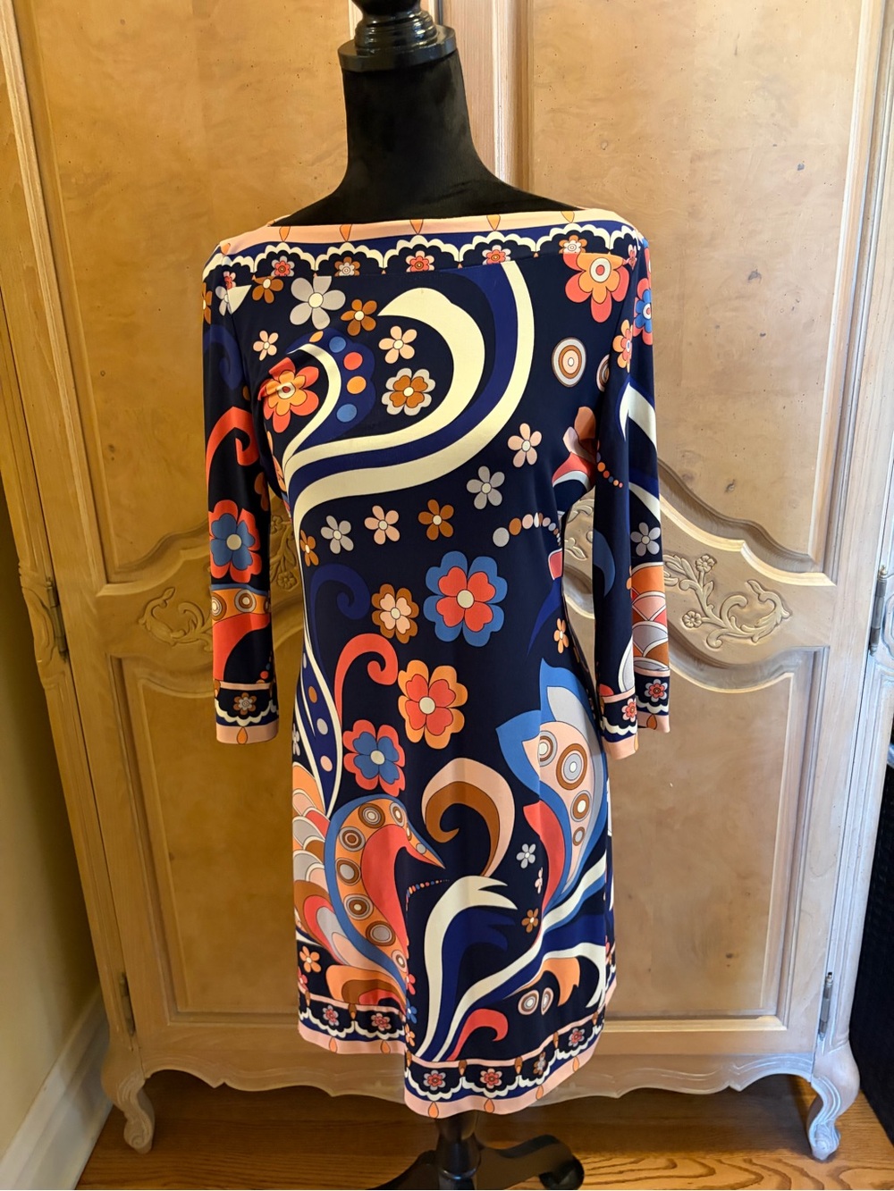 Ali Ro - Navy Floral Print Boatneck Sheath Dress